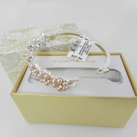 CHARTER CLUB Silver-Tone Crystal & Imitation Pearl Flower Bangle Bracelet - Picture 4 of 4